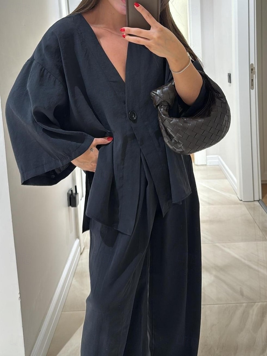 Femmes Quotidien Basique Ensembles de Pantalons manche longue Col en V Uni Occasionnel Quotidien Noir bleu marine Fuchsia Été énorme de 2025 ? $32.99 –P6