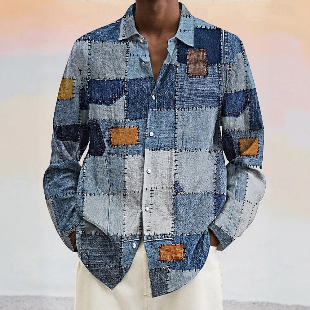 Herren Geometrisch Farbblock Denim-ähnlich Hemd Knopfhemd Langarm Modisch lässig Urlaub Täglich Frühling Herbst Umlegekragen 3D-Druck Leinenähnliches Hemd Blau+Khaki Blau Dunkelblau Hellblau 2025 - $25.99 –P1