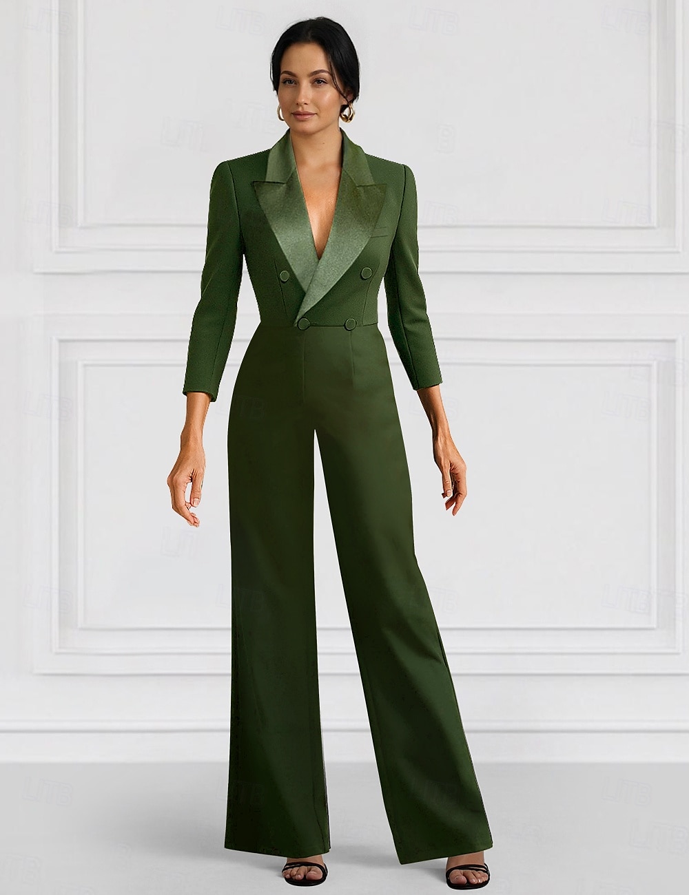 Zwarte Blazer Jumpsuit Moeder van de Bruid Bruiloft Gast Elegante Minimalistische Revers Vloerlengte Rekbare Stof Lange Mouwen met Knopen Effen Kleur 2025 - $147.99 –P3