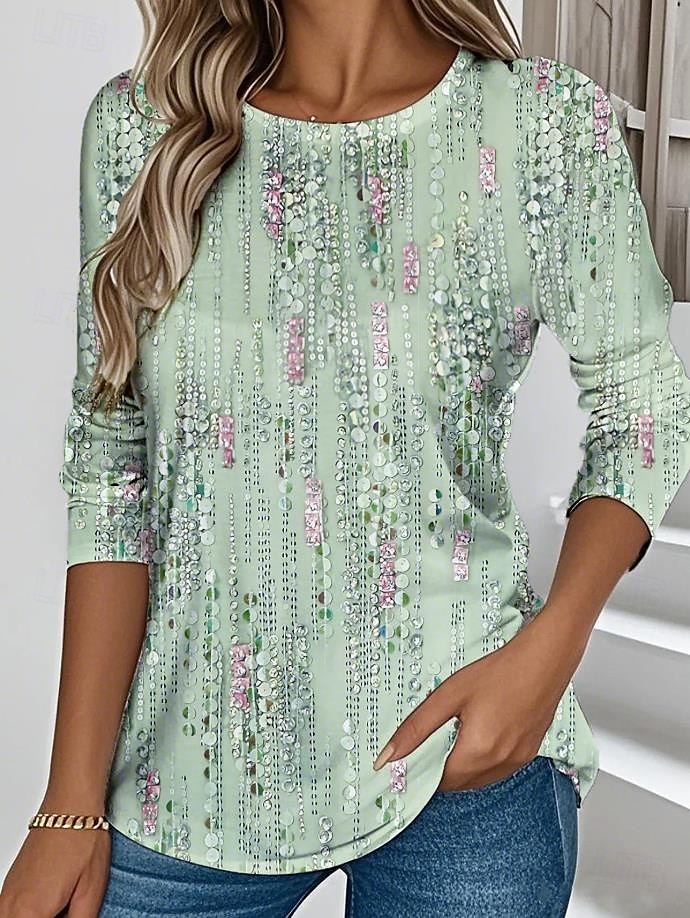 Per donna Maglietta Grafico Geometrico Astratto Elegante Vintage Classico Manica Lunga Girocollo Top Regolari Quotidiano Stampato Rosa Blu Viola Verde Estate Primavera del 2025 a $23.99 –P1