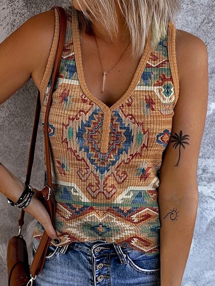 Dámské Tílko do košilky Grafika Geometrický Vinobraní stylové Západní Bez rukávů Bez rukávů Do V Crop Tops Denní Tisk Rubínově červená Vodní modrá Hnědá Léto Jaro 2025 - $17.99 –P3