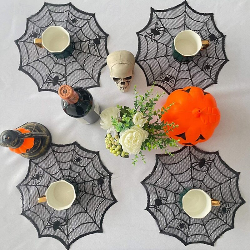2025年 ハロウィーンの黒いレースの蜘蛛の巣のテーブルマット、蜘蛛の巣模様のプレースマット、あらゆる機会に使えるホームアクセサリー  コレクション – $10.49 –P4