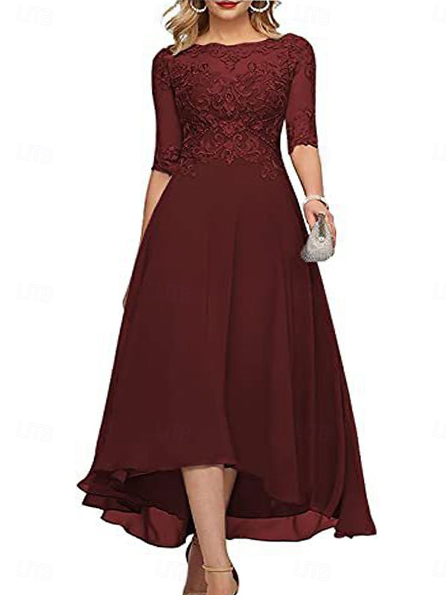 A-Line Mother of the Bride Dress Elegant Crew Neck Floor Length Chiffon Half Sleeve with Solid Color 2025 2025 - $119.99 –P13