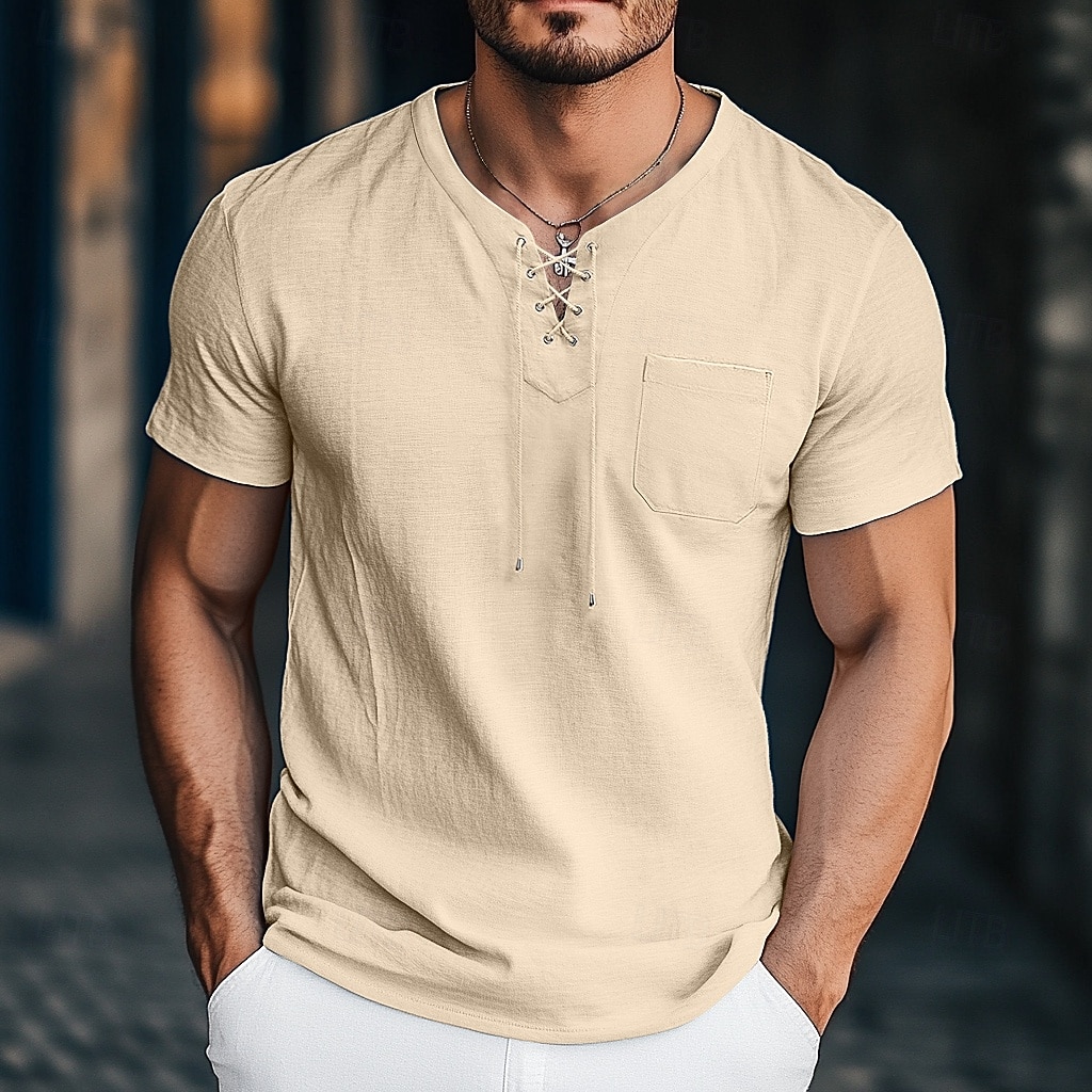 Pánské Tričko Henley Tričko Top Krátký rukáv Pevná barva Bez vzoru Jednobarevné Módní Designové Základní kravata vpředu Do V Dovolená ulice Ležérní Léto Černá Bílá Vodní modrá Tričko Henley 2025 - $20.99 –P7