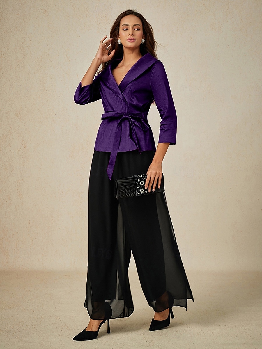 Women's Blouse Evening Tops Solid Color Plain Elegant Metallic Stylish 3/4 Length Sleeve V Neck Regular Tops Wedding Guest Evening Party Semi Formal Tie Front Eggplant Spring, Fall, Winter, Summer 2025 - $79.99 –P9