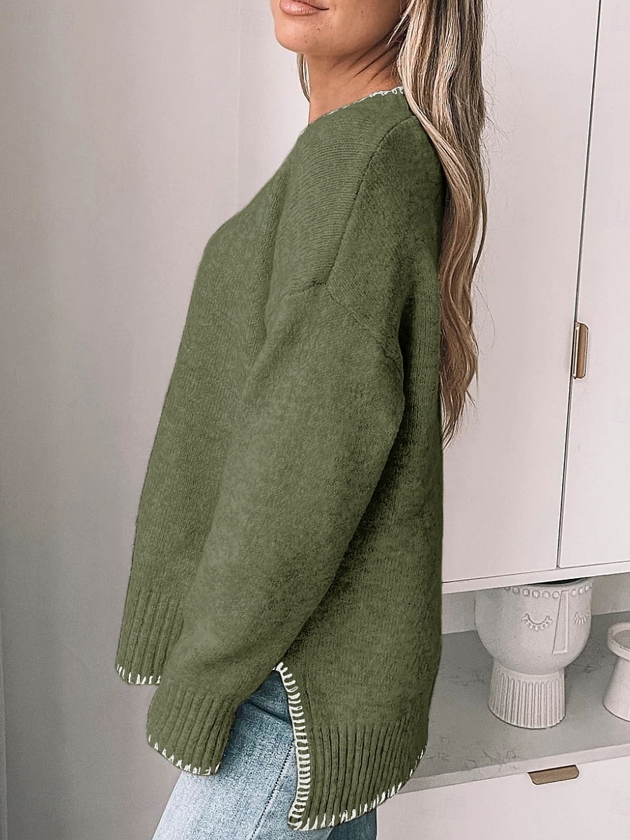 Damen Pullover Lässig Weich Einfarbig Gerippt Rundhalsausschnitt Patchwork Gestrickt Langarm Normale Oberteile Stricken Outdoor Täglich Wochenende Grün Khaki Herbst Winter 2025 - $39.99 –P5