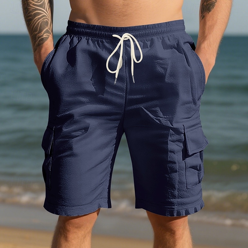 Homens Shorts de algodão e linho Bermuda Cargo Calção Shorts de verão Com Cordão Cintura elástica Bolso multi Tecido Conforto Vestível Comprimento do joelho Ao ar livre Esporte Diário Moda Casual de 2025 por $17.99 –P11