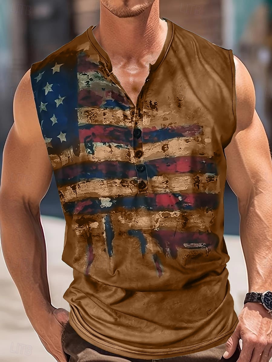 Pánské Americká vlajka Bez rukávů Tričko Henley Bez rukávů Vinobraní Módní Designové Venkovní Ležérní Denní Léto Jaro & podzim Zelená Hnědá Šedá Henley Tričko Henley 2025 - $15.49 –P5