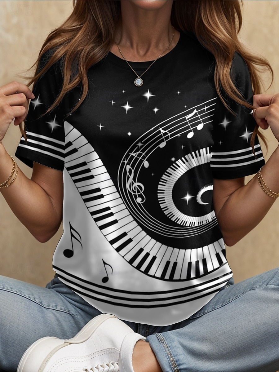 Festival de Música Mujer Camiseta Estampado Graphic Geométrico Vintage Elegante Clásico Manga Corta Cuello Barco Escote Redondo Tops regulares Diario Fin de semana Negro y blanco Blanco / Negro 2026 - $22.99 –P1
