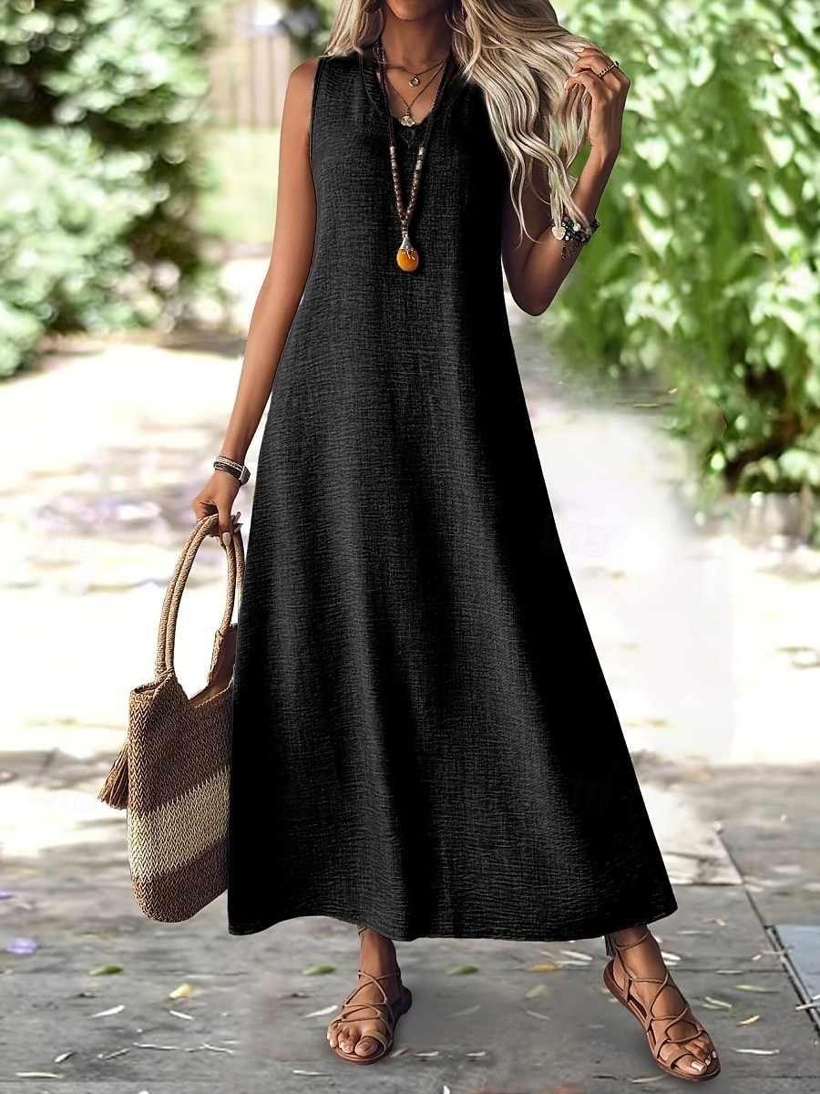 Femmes Robe maxi Robe trapèze Robe d'été Occasionnel Quotidien Coupe Ample Uni Sans manches Col en V Noir Rouge Bleu Abricot Été de 2025 ? $24.99 –P2