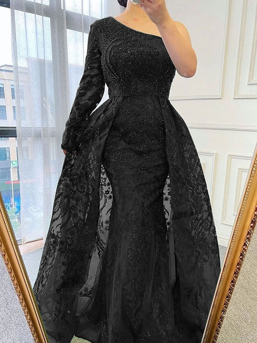 A-Linie Abendkleid Elegant Kleid Formell Hochzeit Bodenlang Langarm Ein-Schulter Spitze mit Paillette 2025 2025 - $139.99 –P8