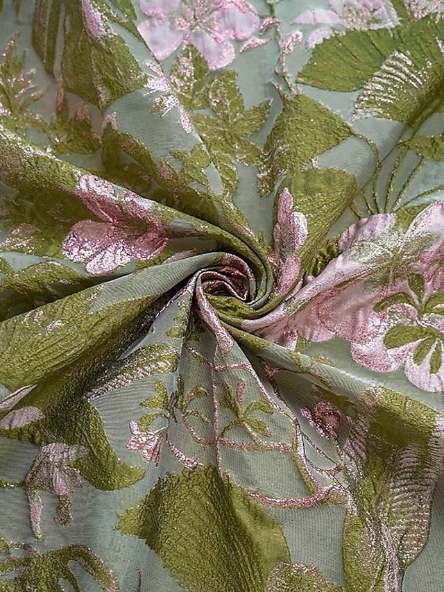 Grønn Jacquard Brocade Blomster A-linje Kveldsdrakt Elegant Kjole Formell Bryllup Gulvlengde Korte Ermer Avskjær Nylon med Lomme 2025 - $142.99 –P2