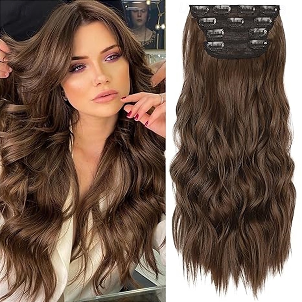 Clip-in-Haarverlängerungen, 4 Stück, lang, gewellt, synthetisch, dunkelschwarz, braun, Faser, doppelter Schuss, natürlich, dick, 24 Zoll, für Frauen 2025 - $26.99 –P2