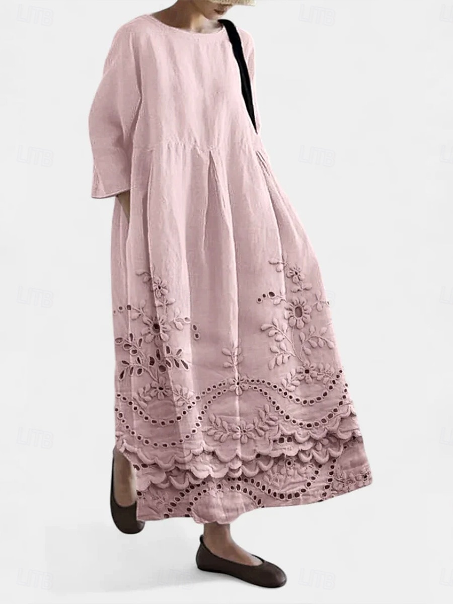 Damen Midikleid Sommerkleid A Linie Kleid Urlaub Lässig Strand Ferien Lässiger Schnitt Blumen Grafik Langarm Rundhalsausschnitt U-Boot-Ausschnitt Weiß Sahne Rosa Khaki Sommer Frühling Herbst 2025 - $26.99 –P4