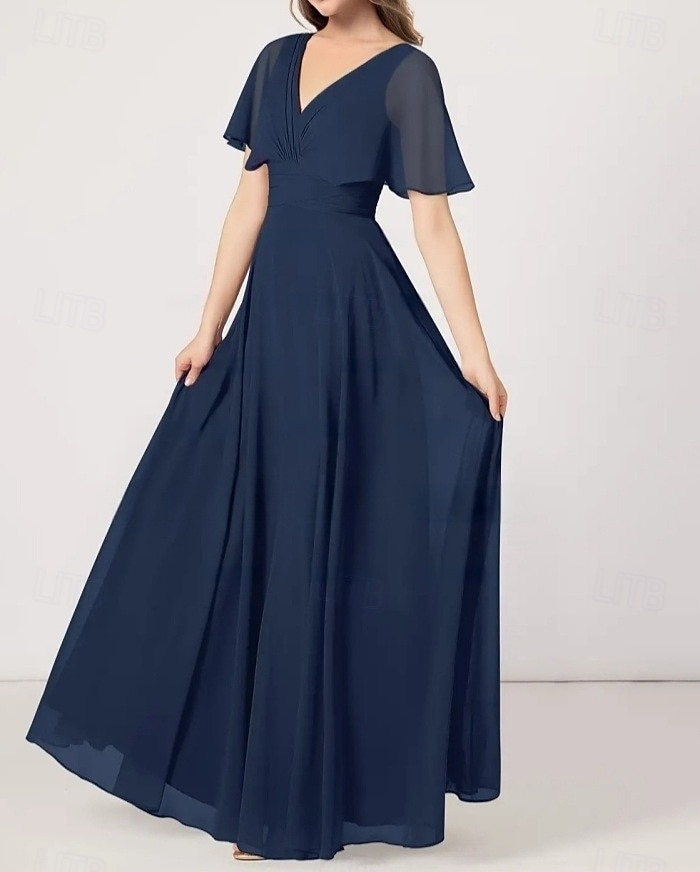 Robes de mariage invité A-Line élégantes engagement longueur de sol à manches courtes en V en chiffon avec plis froncés de 2025 ? $156.99 –P3