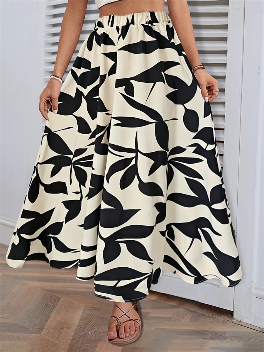 Dam Kjol A-linje Mode Ledigt Maxi Hög midja Kjolar Trä / löv Ficka Mönster Elastisk Gata Dagligen Vit Grön Sommar Polyester 2025 - $18.99 –P4