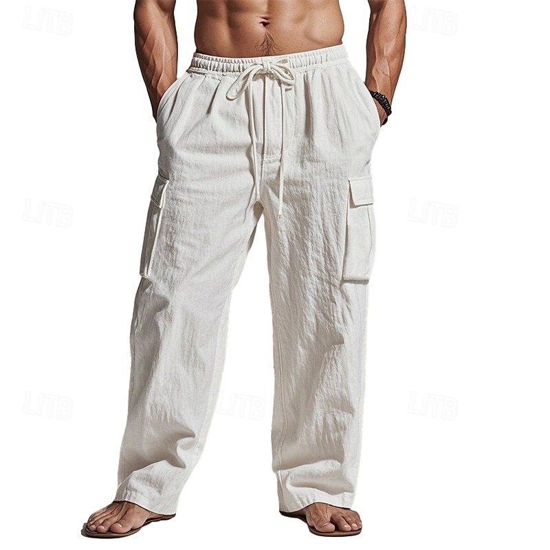 Homens Calças Cargo Calças de linho Calças Calça verão Calças de praia Com Cordão Cintura elástica Bolso multi Tecido Conforto Respirável Comprimento total Ao ar livre Casual Diário Férias Moda Preto de 2025 por $6.59 –P7