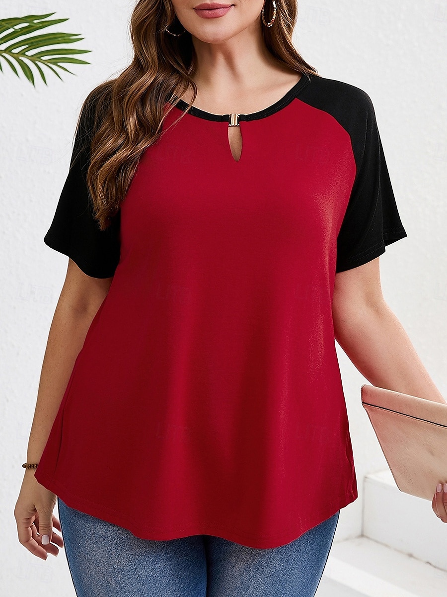 Women's Plus Size Tops T Shirt Solid Color Patchwork Short Sleeve V Neck Casual Daily Polyester Summer Spring Red Blue 2025 - $18.99 –P1