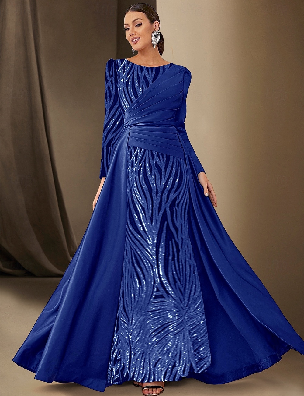 Black Tie Sjöhästar  Trumpet Kvällsklänning Paljett Glittrande Klänning Formell Bröllop Golvlängd Lång Ärmar Båt Nacke Satin med Plisseringar 2025 - $169.99 –P1