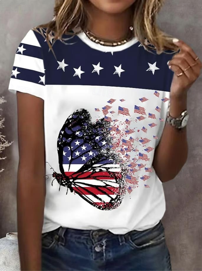 Camiseta patriótica de mujer del Día de la Independencia gráfica bandera vintage elegante clásica de manga corta cuello redondo tops regulares diaria fin de semana estampado negro blanco rojo azul 2026 - $22.99 –P2