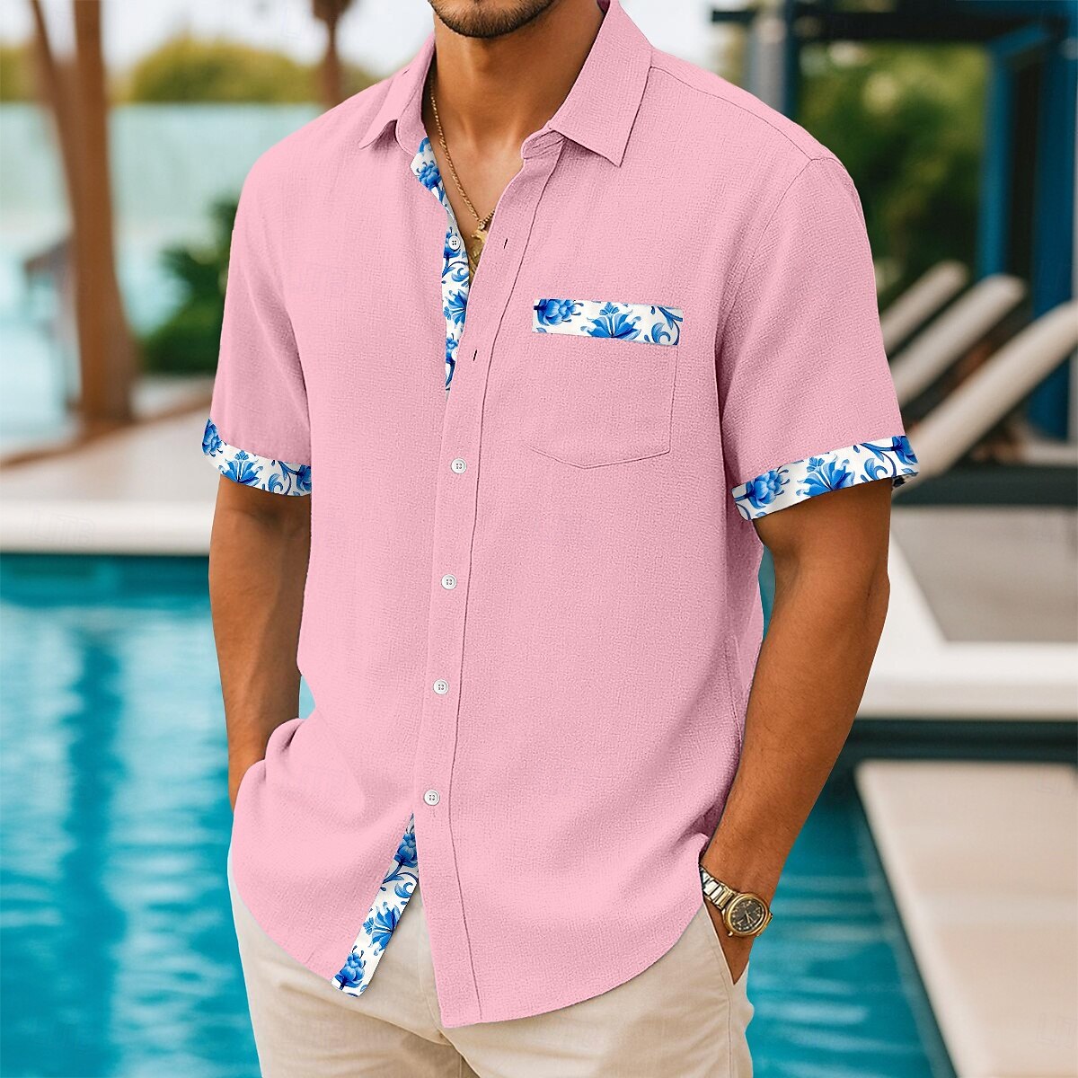 Herren Hemd Leinenhemd Sommerhemd Strandhemd Sommer Hawaiihemd Blumen Urlaub Lässig Weiß Rosa Marineblau Leicht Blau Kurzarm Kragen Sommer Bekleidung Patchwork 2025 - $23.99 –P6