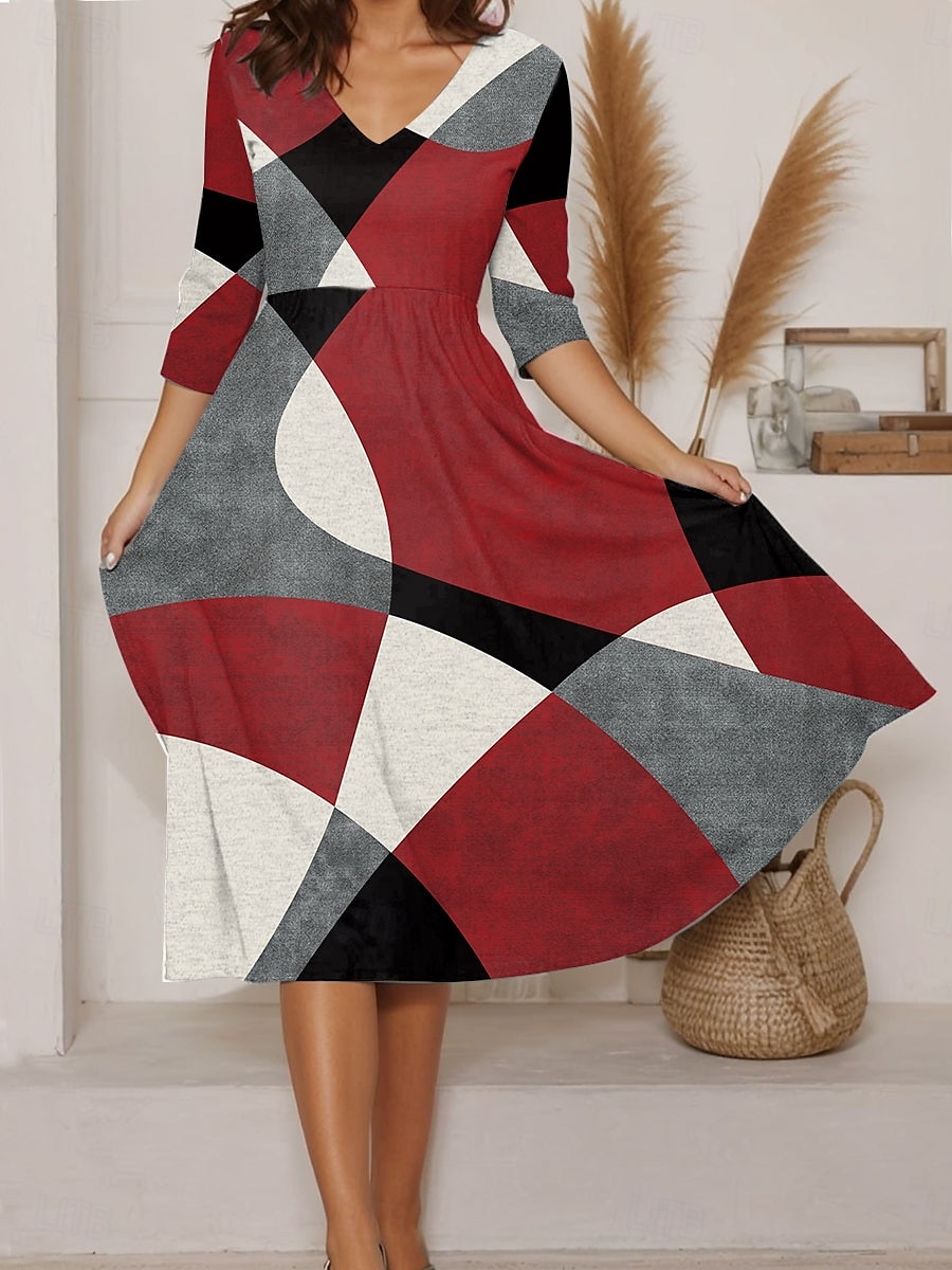 Femmes Robe Midi Robe trapèze Vacances Occasionnel Sortir Coupe régulière Graphique Géométrique manche longue Col en V Rouge Bleu Violet Vert Été de 2025 ? $38.99 –P1
