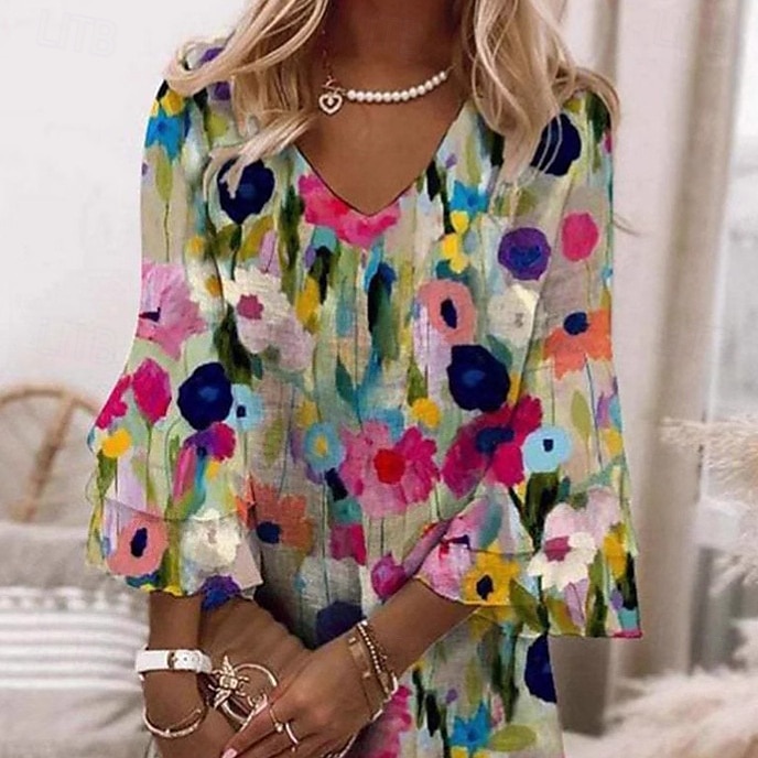 Women's Mini Dress A Line Dress Vacation Casual Boho Flare Cuff Sleeve Party Daily Holiday Loose Fit Floral 3/4 Length Sleeve V Neck Multicolor 2025 - $34.99 –P2