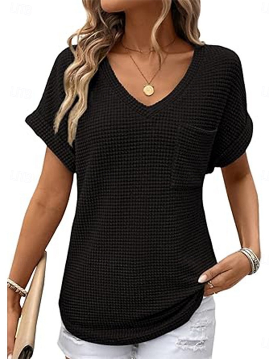 Dame Bluse Helfarge Stilfull Fritid Kortermet V-hals Vanlige topper Daglig Lomme Svart Hvit Rosa Grønn Sommer 2025 - $21.99 –P2
