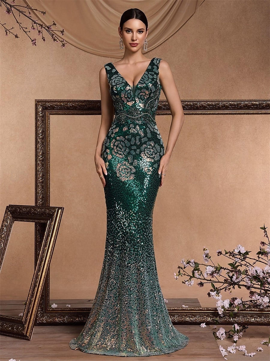 Zeemeermin  Trompet Quinceanera Jurken Elegante Jurk Formele Bruiloft Vloerlange Mouwloos V-hals Sequined Rugloos met Sequins 2025 - $119.99 –P1