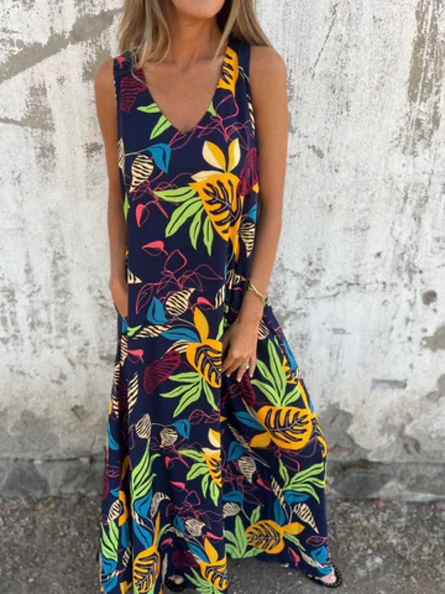 Femmes Robe maxi Robe trapèze Robe Nuisette Vacances Occasionnel Boho Extérieur Sortir Coupe régulière Fleuri Sans manches Col en V Bleu Abricot Beige Été de 2025 ? $23.99 –P13