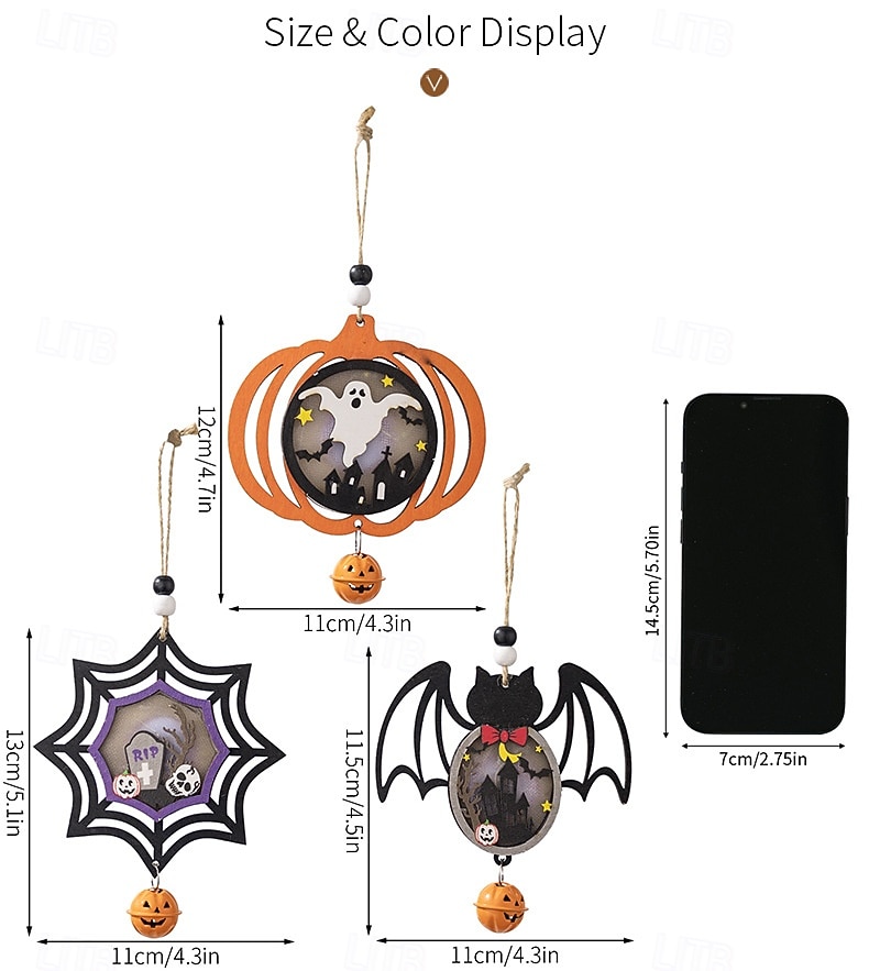 2025年 ハロウィーンのLED木製オーナメント3個、吊り下げ装飾、怖いカボチャとクモのサイン、ハロウィーンの壁の装飾とパーティーの雰囲気に最適  コレクション – $19.99 –P1
