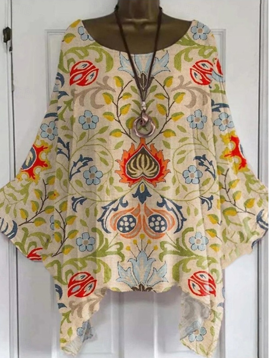 Women's Boho Shirt Floral Graphic Elegant Bohemia Active Short Sleeve Batwing Sleeve Boat Neck Regular Tops Daily Holiday Beach Wear Yellow Pink Blue Khaki Beige Summer Spring 2025 - $22.99 –P2