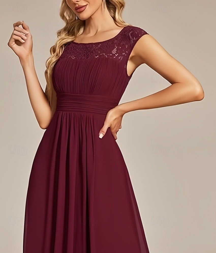 Abito da matrimonio A-Line per invitati Abito elegante per invitati al matrimonio Abito lungo senza maniche con scollo a girocollo in chiffon con pieghe arricciate del 2025 a $156.99 –P4