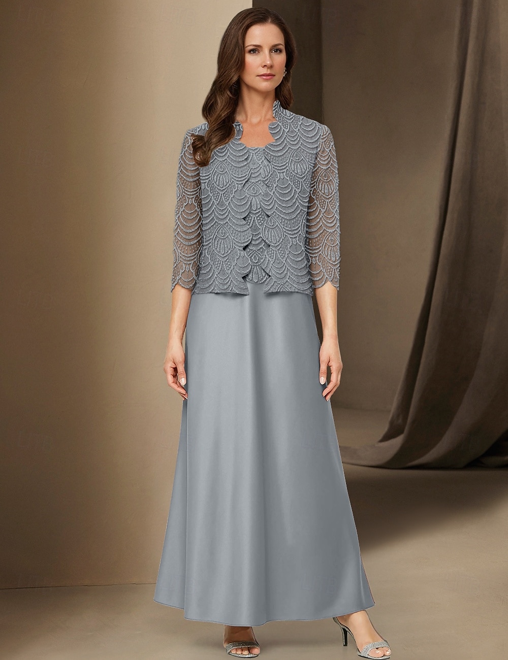 A-Linie 3-teiliges Kleid für die Brautmutter, elegant, schlicht, lässig, U-Boot-Ausschnitt, knöchellang, Satin, lange Ärmel mit Spitze 2025 2025 - $139.99 –P4