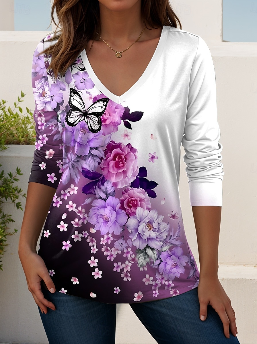 Femmes T-shirt Fleuri Graphique Plantes ancien Élégant Classique manche longue Col en V Hauts Réguliers Quotidien Sortir Week-end Imprimé Vert Claire Bleu Bleu Ciel Violet Vert Printemps Automne de 2025 ? $22.99 –P3
