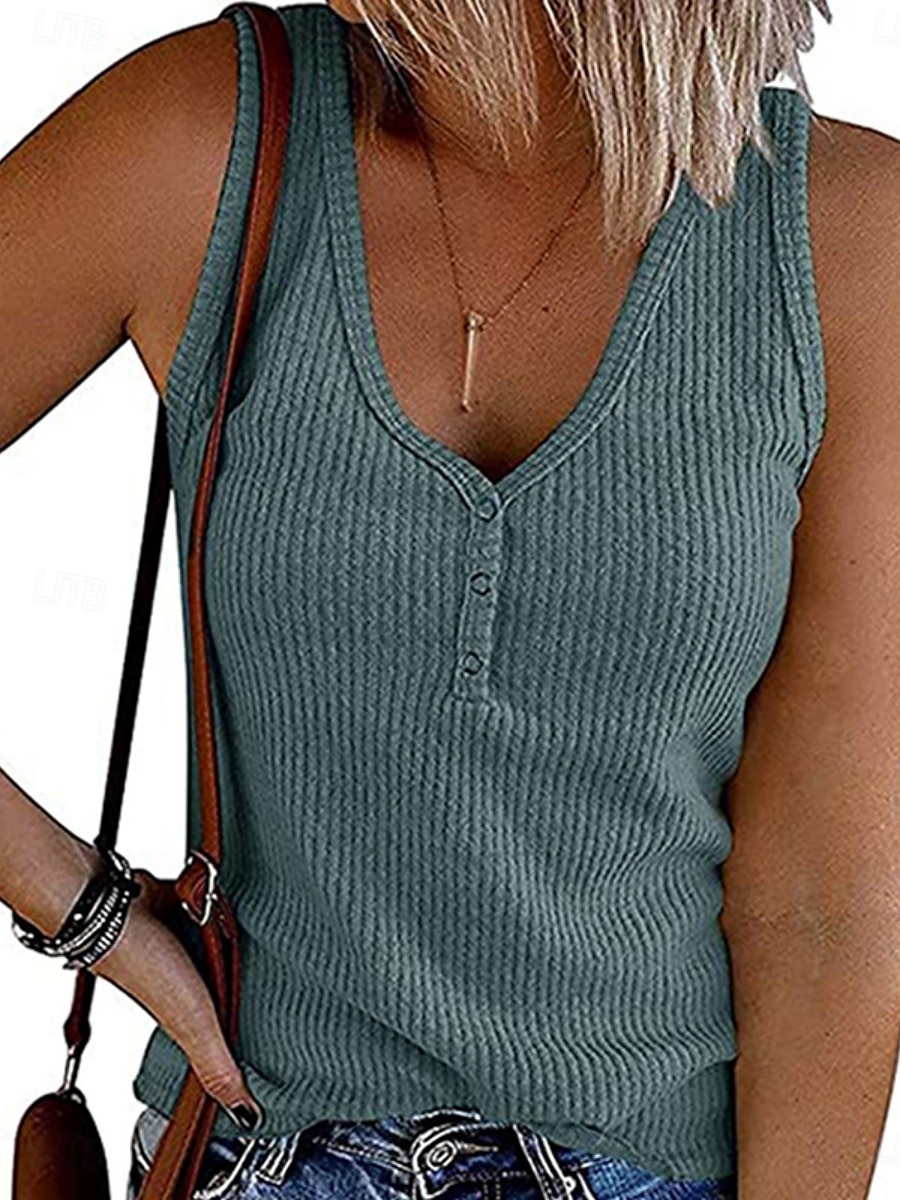 Damen Camisole-Tanktop Einfarbig Täglich Stilvoll Lässig Ärmellos V Ausschnitt Normale Oberteile Täglich Knöpfe Rosa Wein Blau Grau Sommer 2025 - $16.99 –P1