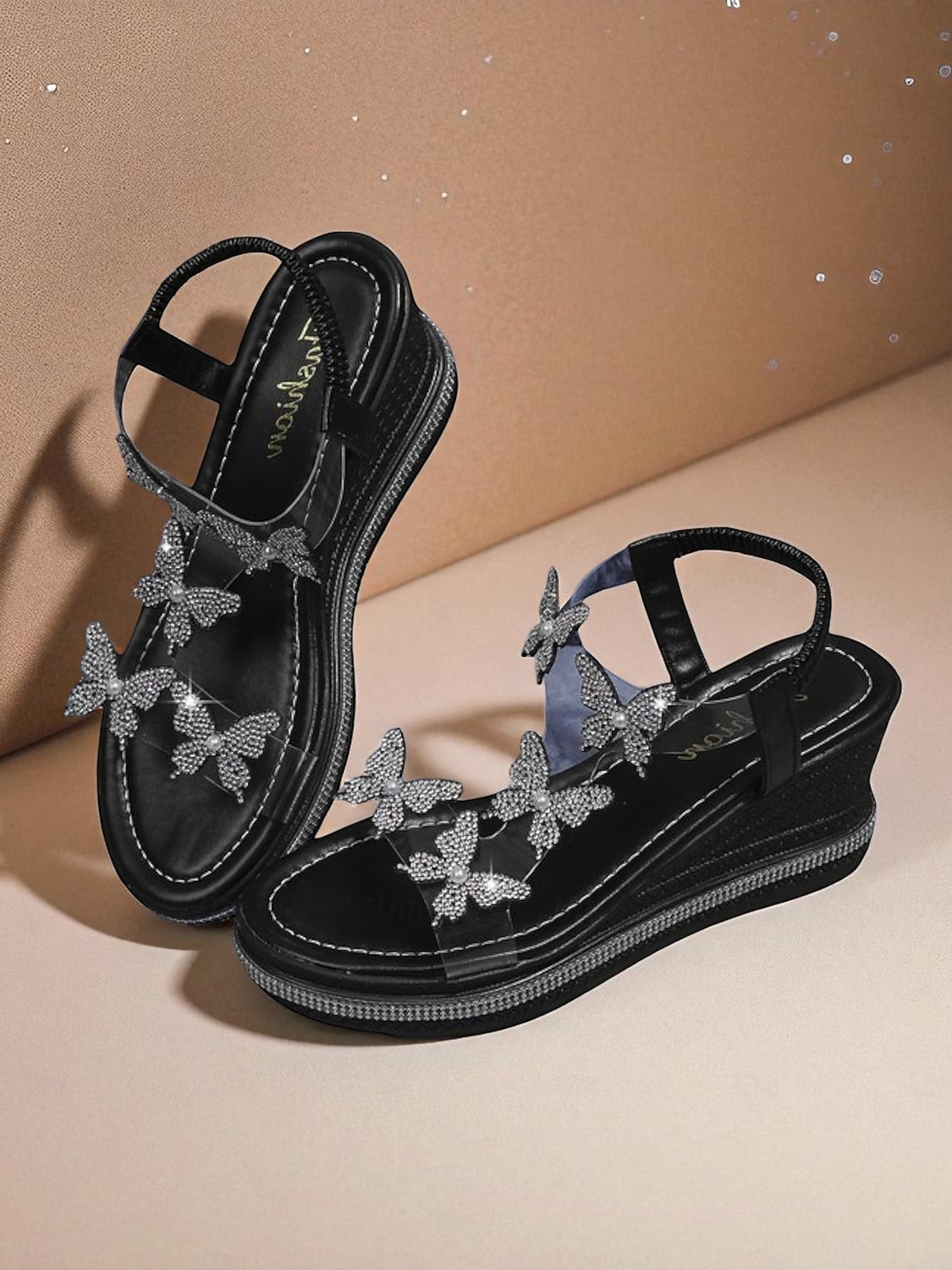 Dámské sandály s motýlím klínkem a zdobené kamínky - třpytivé boty na platformě pro noční život a klubové akce 2025 - $29.99 –P4