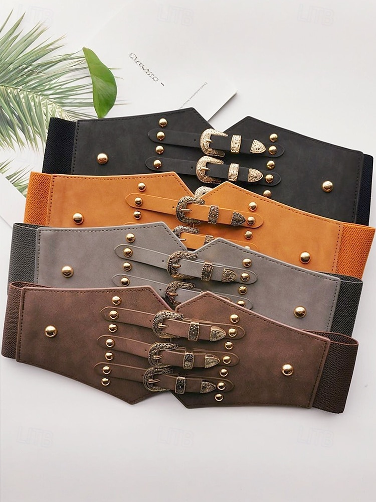 Ceinture large élastique pour femme avec triple boucle vintage – Corset gothique en similicuir pour robes et costumes de 2025 ? $14.99 –P5