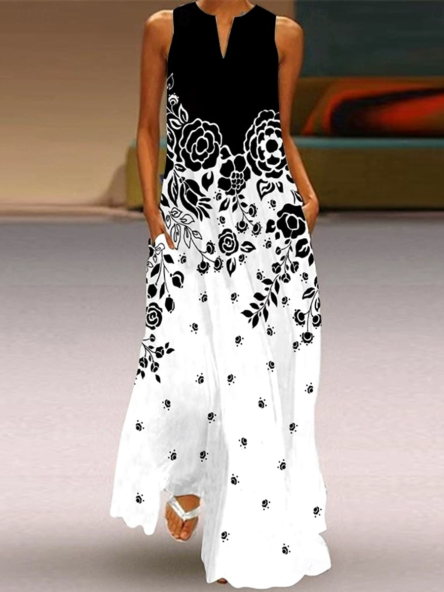 Femmes Robe maxi Robe d'Été Robe trapèze Robe d'été Vacances Occasionnel Boho Fête Coupe Ample A Ombre Fleuri Graphique Sans manches Col en V Encolure en V Noir et Blanc Jaune clair Magenta Noir Ét de 2025 ? $36.99 –P2