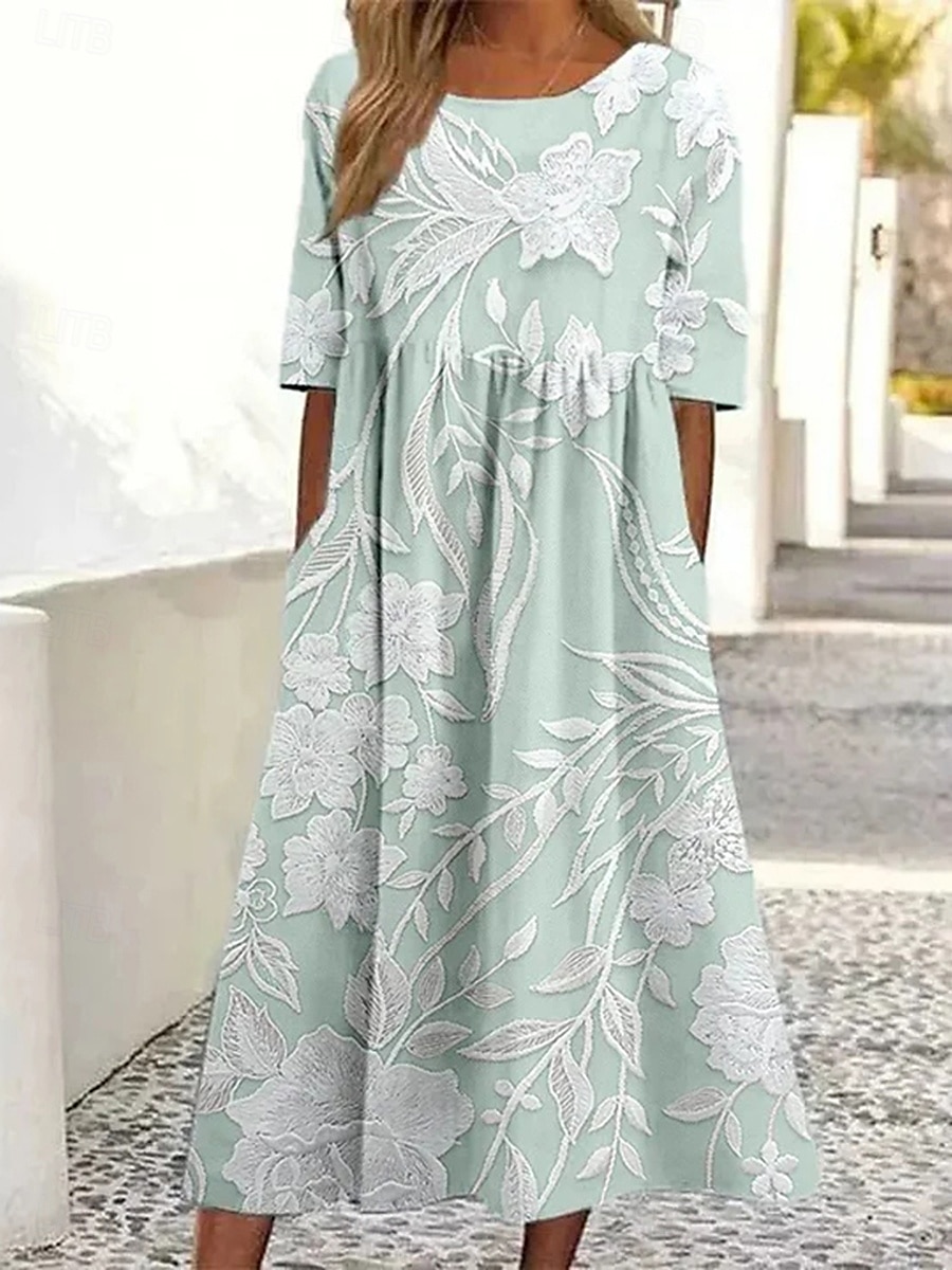 Damen Midikleid Sommerkleid A Linie Kleid Urlaub Lässig Täglich Date Ausgehen Normale Passform Blumen Grafik Kurzarm Rundhalsausschnitt Rosa Blau Grün Beige Sommer Frühling 2025 - $46.99 –P2