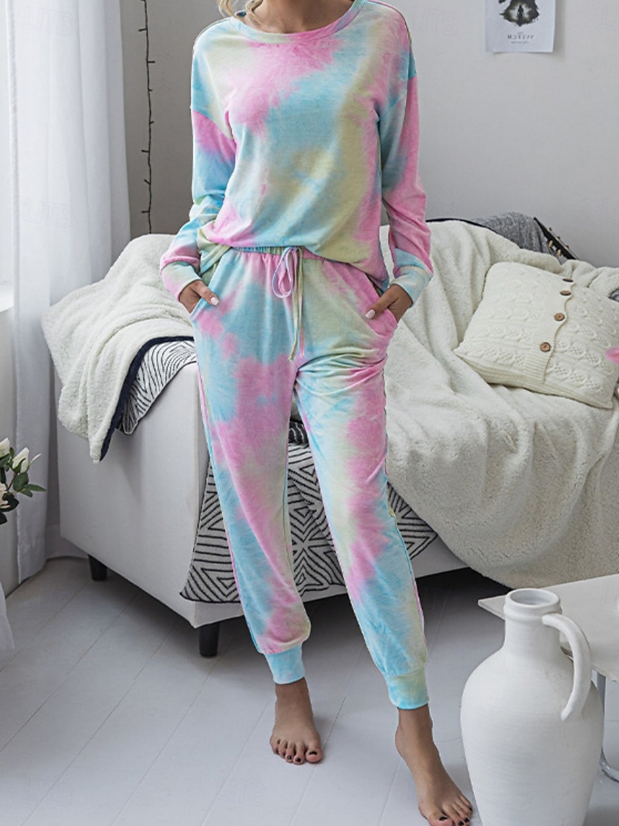 Damskie Zestawy piżamowe Codzienny Wygoda Wzór tie-dye Elastyczny pas Podkoszulek Nogawka Dom Codzienny Długi rękaw Półgolf Rumiany róż Niebieski Zielony Tęczowy Szary Lato Wiosna Jesień Regularny 2025 - $23.99 –P1