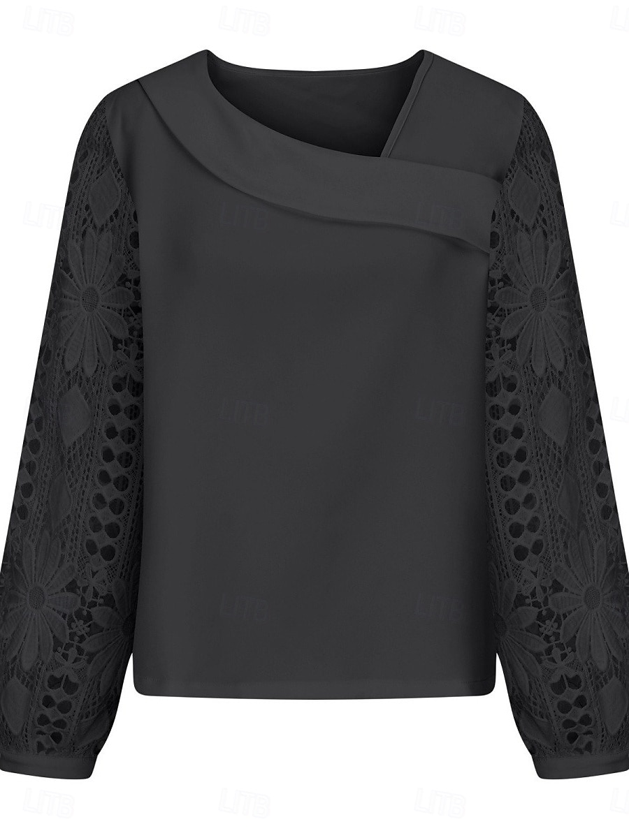 Damen Elegante Weiße Spitzen Tops Ösen Bluse Lässig Einfarbig Reguläre Tops Langarm Asymmetrische Spitzen Patchwork Reguläre Passform Täglich Schwarz Weiß Rosa Romantische Petite Tops Sommer Urlaub 2025 - $29.99 –P13