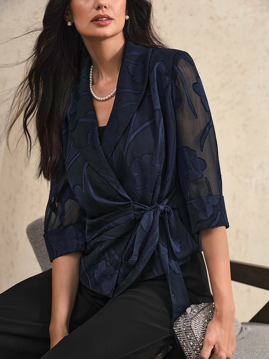 Dámské Košile Halenka Květinový Elegantní stylové 3/4 délka rukávu Do V Běžné topy Práce Denní kravata vpředu Oblečená tunika Asymetrický Námořnická modř Léto Jaro Podzim 2025 - $59.99 –P1