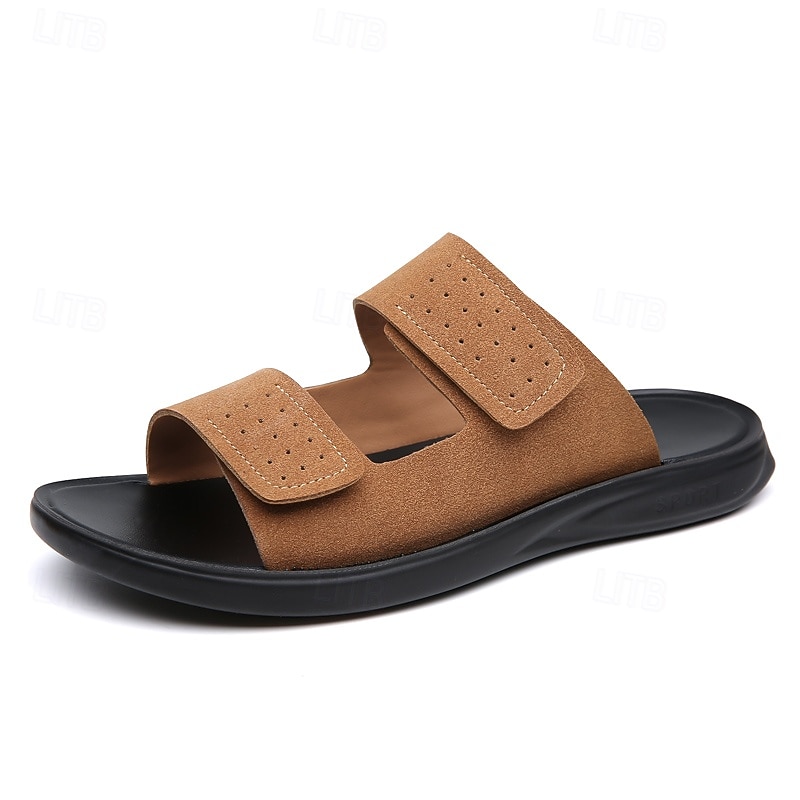 sandales en similicuir marron pour hommes avec design perforé fermeture velcro réglable légères et respirantes idéales pour les voyages d'été et les journées à la plage de 2026 ? $46.99 –P1