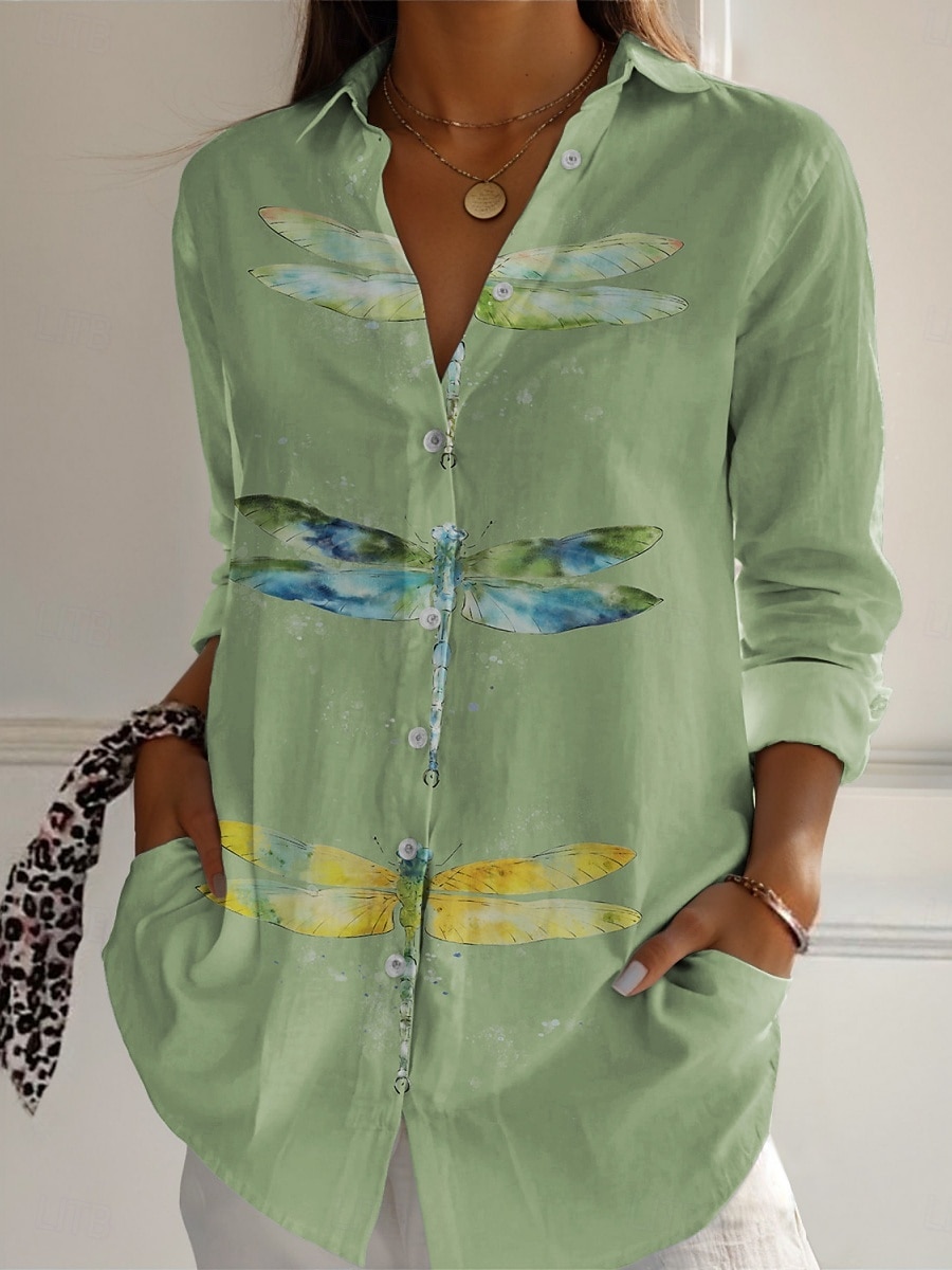 Dames Linnen-geïnspireerde overhemden Libel Actief Dagelijks Stijlvol Lange mouw Overhemdkraag Normale tops Dagelijks Feestdagen Knop Afdrukken Wit blauw Paars Groen Lente Herfst 2025 - $25.99 –P5