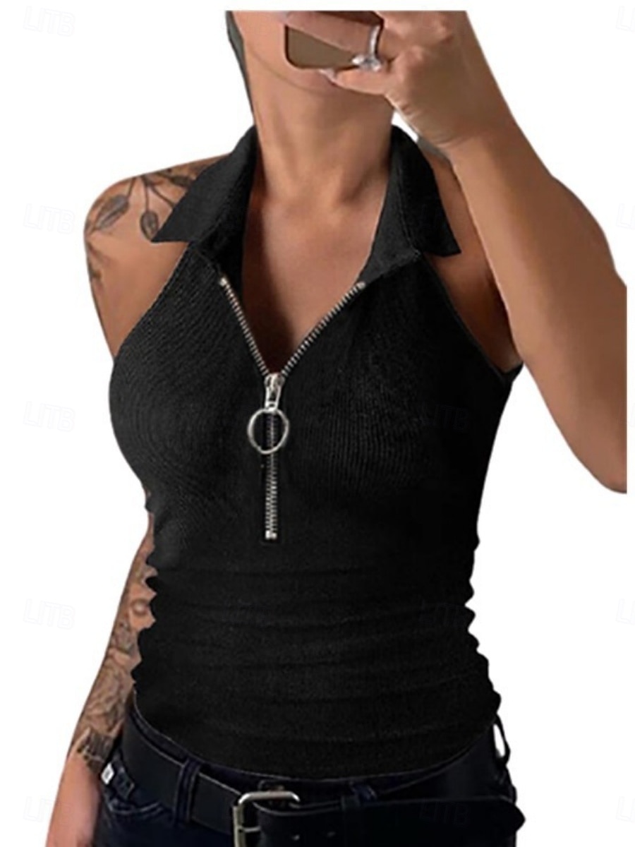 Pentru femei Camisole Tank Top Culoare solidă Modern Casual Fără manșon Guler Cămașă Topuri obișnuite Zilnic Fermoar Negru Roșu Vin Albastru piscină Maro Trifoi Vară 2025 - $15.99 –P18