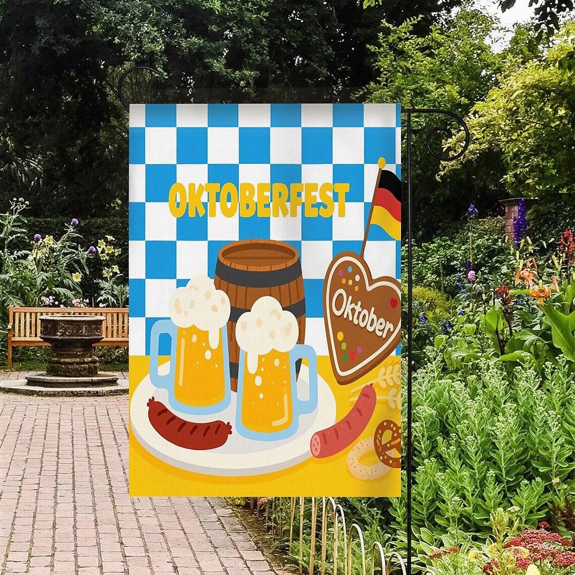 Oktoberfest Gartenflagge Deutsches Bayerisches 12 x 18 Zoll Gartenflaggen kleine Gartenflaggen für draußen Außenfahnen Bierdesign weiß blau kariert Feiertagsgartenflaggen 2025 - $7.99 –P5