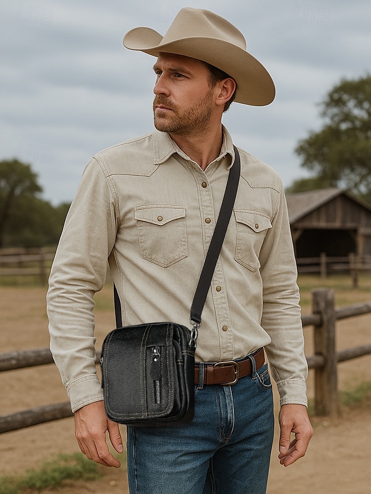 Men's genuine leather messenger bag with zipper pocket, Retro style, Can be inserted into the belt to use as a waist bag, Suitable for outdoor travel, Hiking, Camping or western cowboy wear 2025 - $26.99 –P3
