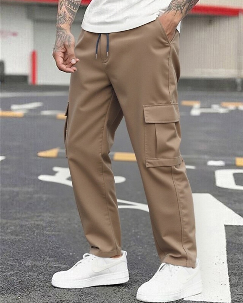2025年 男性用 カーゴパンツ ズボン ドローストリング 弾性ウエスト マルチポケット 平織り 耐久性 アウトドア 日常 キャンピング&ハイキング ファッション クラシック ブラック アーミーグリーン コレクション – $21.99 –P7
