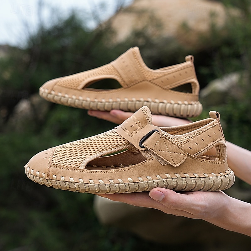 Men's Breathable Mesh Leather Sandals – Casual Hook and Loop Outdoor Fisherman Shoes for Summer Walking and Beach Travel 2025 - $46.99 –P1